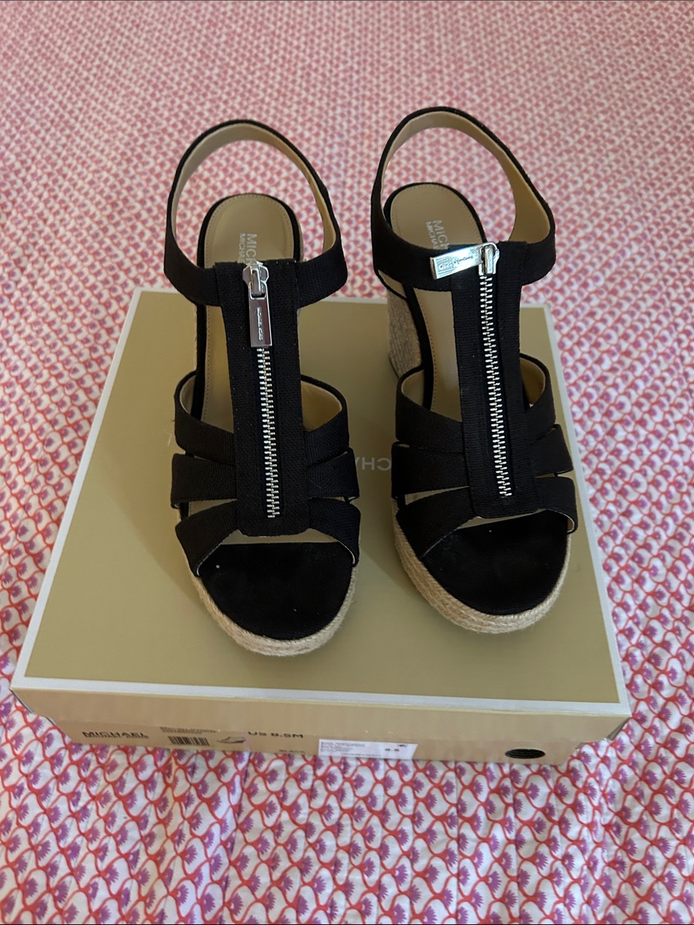 Michael Kors Black Espadrille Wedge Sandals with Front Zip Detail